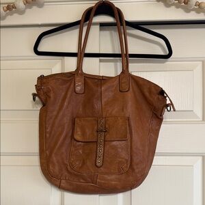 Cognac Brown Leather Crossbody Tote with Slouchy Silhouette